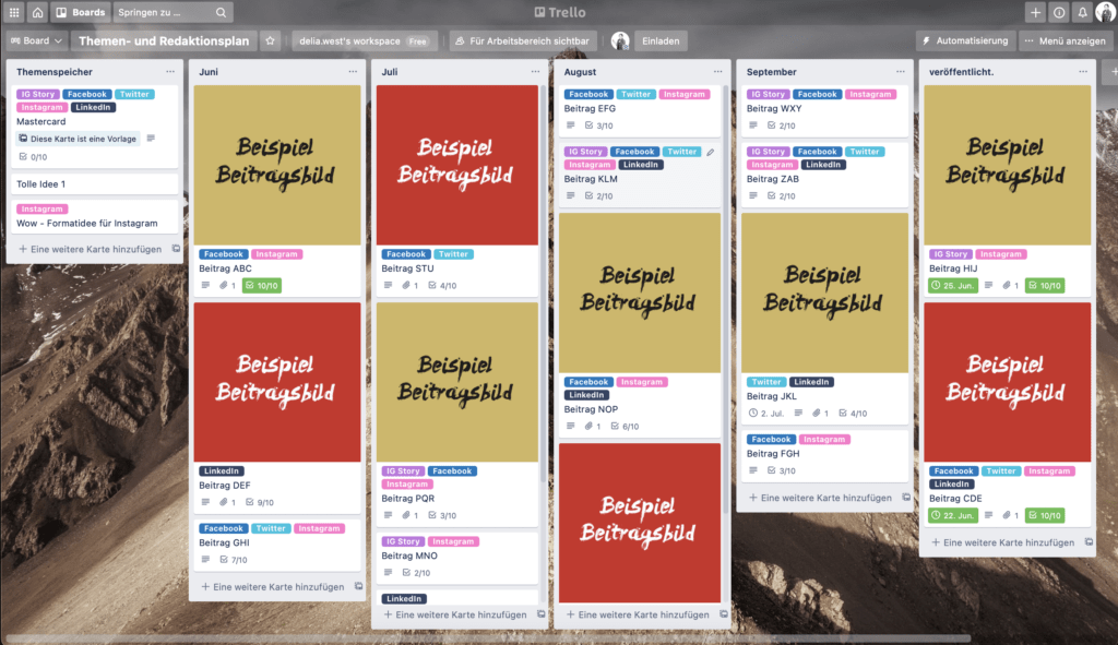 Unsere Redaktionsplanung in trello (Beispiel)