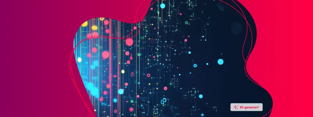 Abstrakte KI-generierte Grafik mit neonfarbenen Datenlinien und Punkten auf dunkelblauem Hintergrund