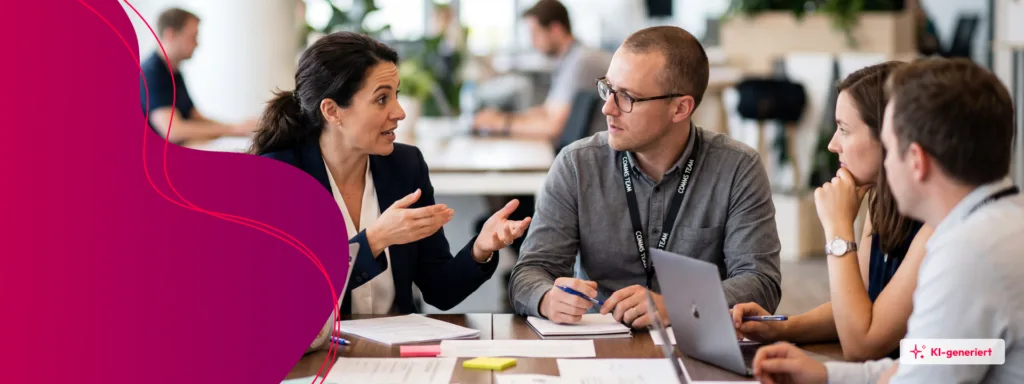 Menschen im Arbeitskontext sitzen an einem Tisch und diskutieren miteinander. Auf dem Tisch stehen ein Laptop und liegen Zettel.